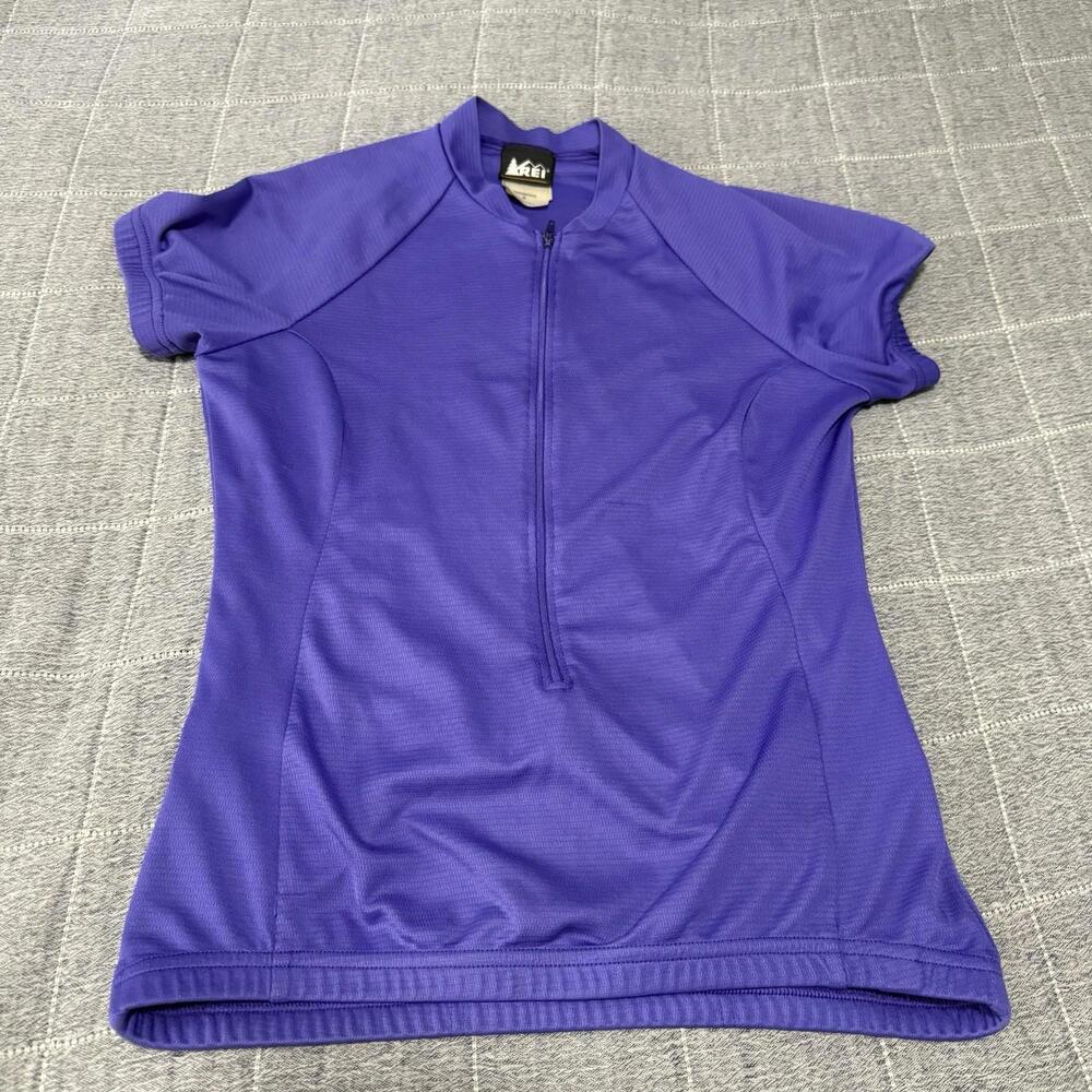 REI Cycling Jersey Womens Medium Purple 1/2 Zip Pockets 100% Polyester Mock Neck